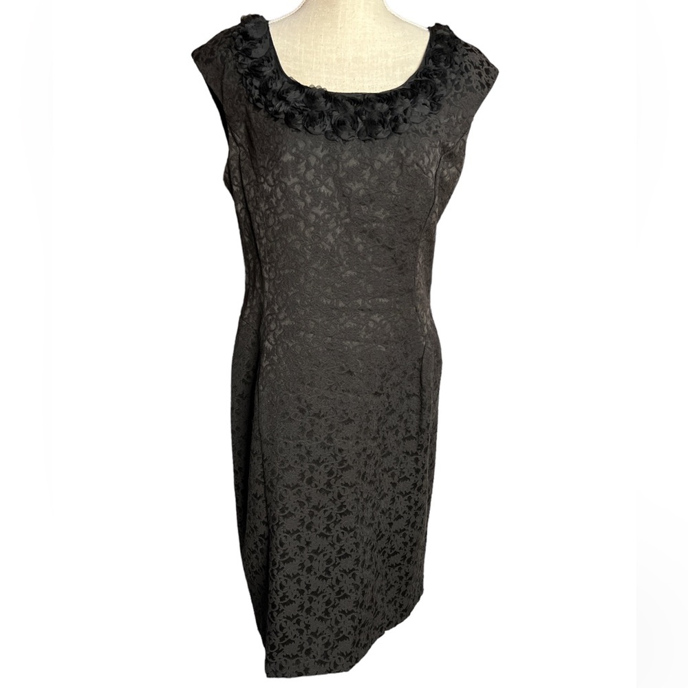 London Style Collection Formal Black Dress with Floral Ribbon Accents